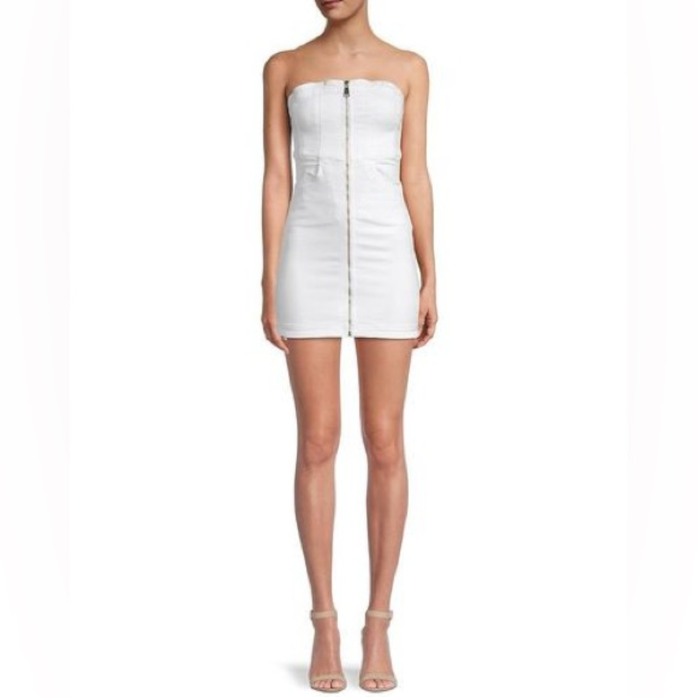 White Denim Zip Front Strapless Panel Dress.